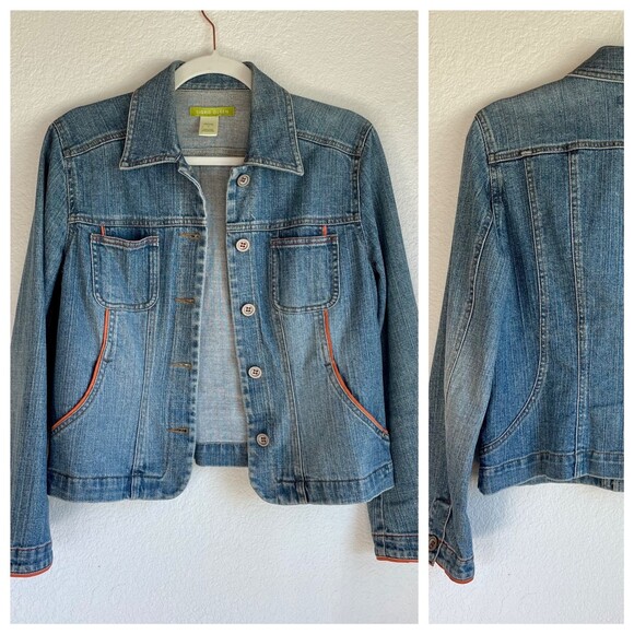 Sigrid Olsen Women's Denim Jean Jacket with Orange Trim and Cute Buttons Size 2P - Picture 1 of 10